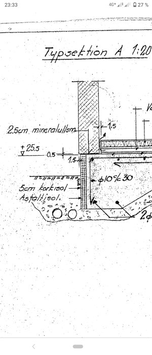 Teknisk ritning av byggnadssektion, innehåller dimensioner och materialspecifikationer, skala 1:20.
