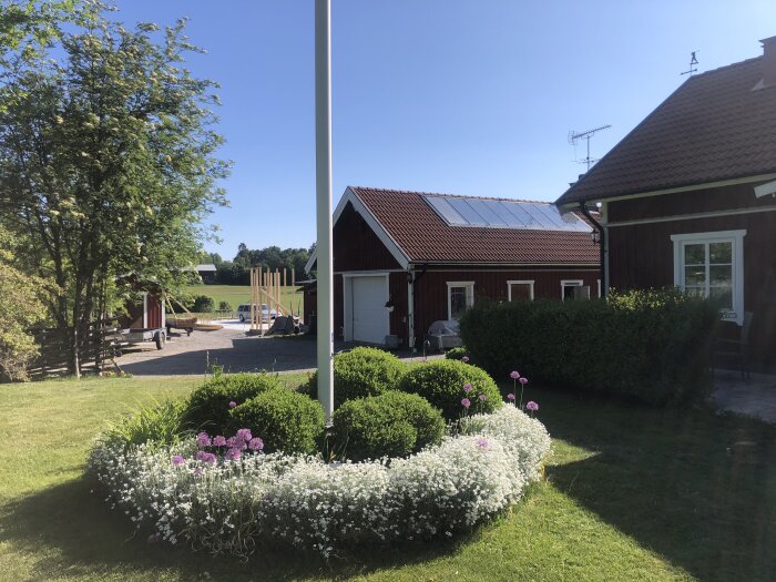 Trädgård med blommande buskar framför rött hus med solpaneler på taket, flaggstång, soligt väder.