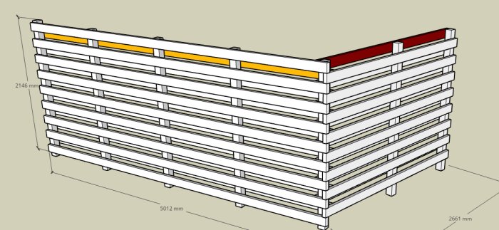 3D-modell av pallställ med måttangivelser, industriell eller lageranvändning, illustration i CAD-stil.