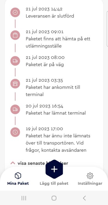 Spårningshistorik för ett paket i en leveransapp, visar status från skickat till levererat.