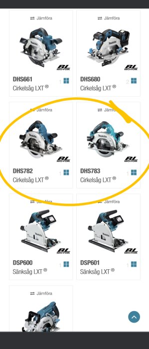 Webbsida visar olika modeller av Makita cirkelsågar, med funktionen att jämföra produkterna.