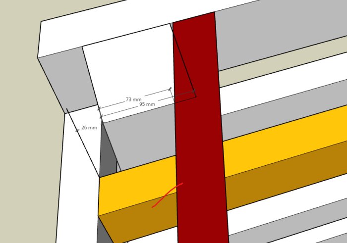 Teknisk ritning av konstruktion, mått specificerade, grå, gul och röd, 3D-perspektiv, designskiss.