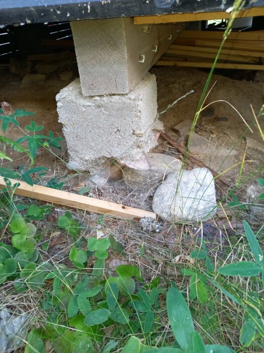 Betongblock som stöd för träkonstruktion, grön vegetation, ojämn yta, synlig grund, utomhusmiljö.