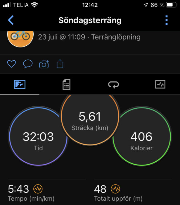 Skärmavbild från träningsapp som visar terränglöpning med distans, tid, kaloriförbrukning, tempo och höjdförändring.