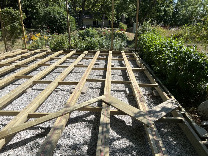 Träramkonstruktion för byggande av däck eller plattform, med grusunderlag i trädgårdsmiljö, klar himmel ovanför.