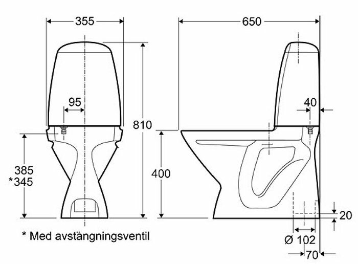 Teknisk ritning av en toalettstol med måttangivelser och avstängningsventil markerad.