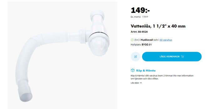 Vit vattenlås för avlopp, priset 149 SEK, tillgänglig i webbutik, artikelnummer 86-9026.