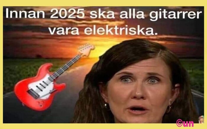 Meme med text, röd elgitarr, förvånad person, påstående om elektriska gitarrer, år 2025, humoristisk ton.