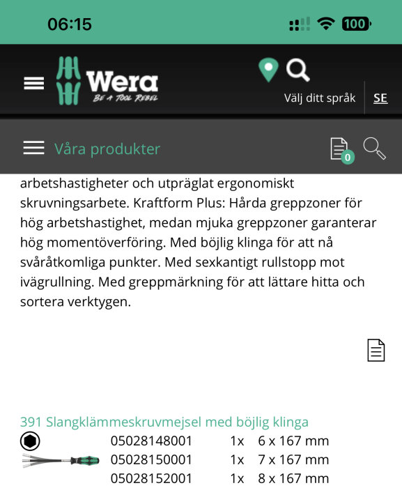 Skärmdump av en webbplats, produktbeskrivning, skruvmejslar, grönt och svart tema, på svenska, fullt batteri, Wi-Fi-anslutning.