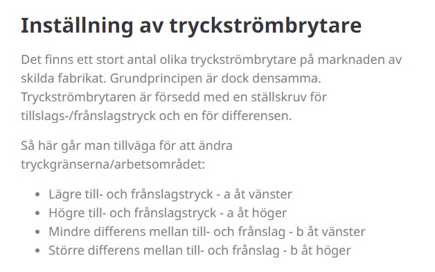 Svensk text om inställning av tryckströmbrytare med anvisningar för att ändra tryckgränser och differenser.