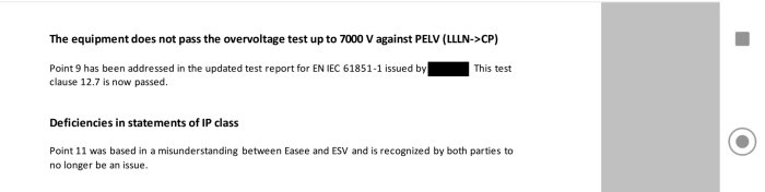 Dokument med text om teknisk utrustnings testresultat och uppdateringar angående överström och IP-klass förtydliganden.