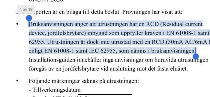 Svensk textutdrag om utrustning med inbyggd RCD, saknade märkningar, krav och installationsguide.