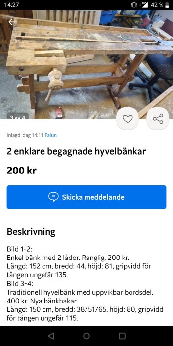 Annonssida visar använda hyvelbänkar till försäljning, text på svenska, snickeriverktyg.