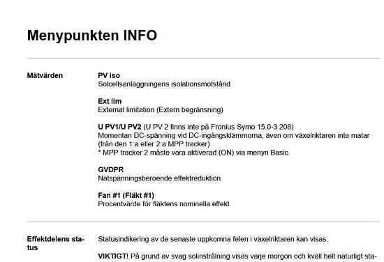 Svensk text om solcellsanläggning, info meny, tekniska specifikationer, varningar om solinstrålning.