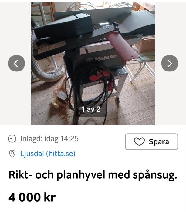 Rikt- och planhyvel från Metabo med spånsug, till salu för 4000 kronor.