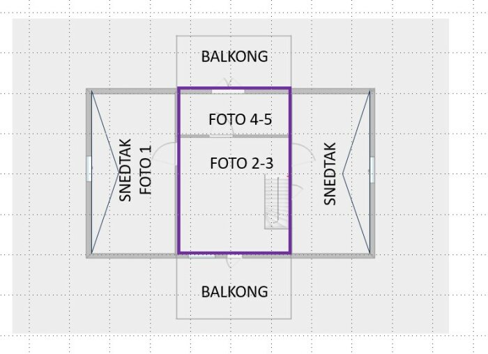 Arkitektonisk ritning av våning med balkonger och markerade foton av snedtak.