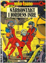 Seriealbumomslag, "Yoko Tsuno", rymddräkter, äventyr, teknologi, titel "Närkontakt i jordens inre".