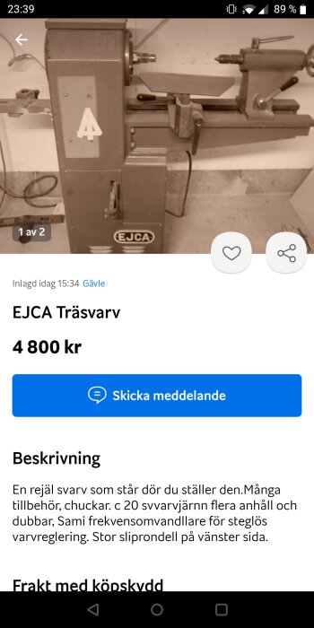 Annons för en EJCA trävarv till salu för 4800 kronor, med beskrivning och tillbehör.