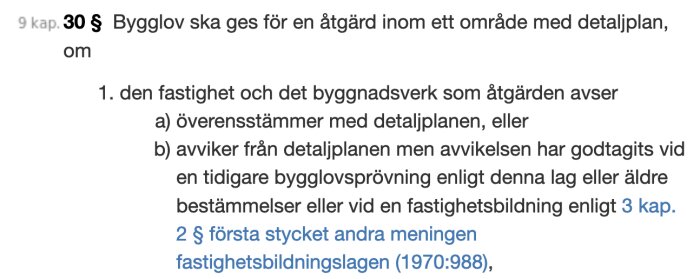 Svensk text ur lagtext om bygglov och överensstämmelse med detaljplan eller tidigare godkända avvikelser.