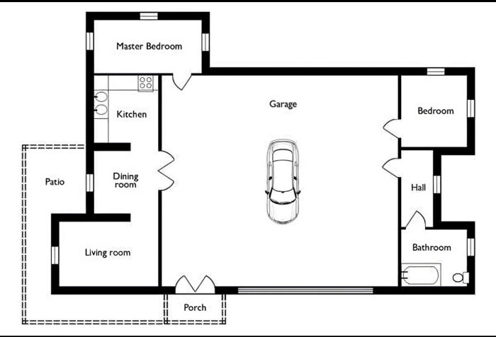 Enplanshusritning med etiketterade rum, garage och bil, gästrum, badrum, uteplats och veranda.