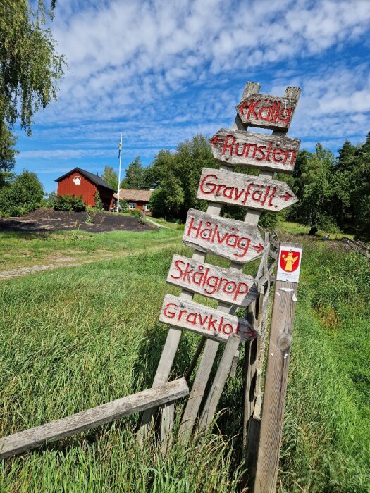 Träskylt med röda pilvägvisare, svensk landsbygd, grönt gräs, sommar, svensk flagga, blå himmel, röd stuga.