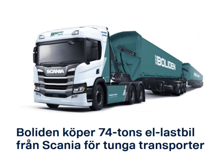 Vit och grön Scania el-lastbil, text indikerar Boliden köp, för tunga transporter.