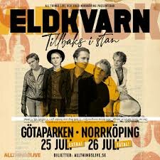 Affisch för Eldkvarn, "Tillbaks i Stan", konserter i Götaparken, Norrköping, 25-26 juli, vintagestil.