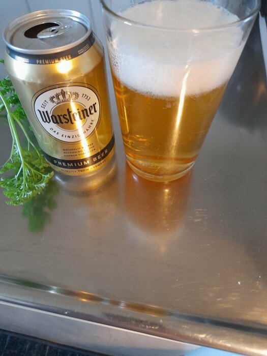 Ölburk och glas på diskbänk. Warsteiner, tyskt premium öl, skum på toppen.