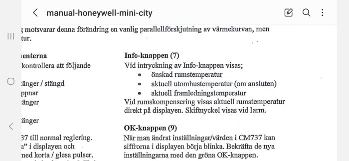 Svensk manual, Honeywell termostat, Info-knapp, OK-knapp, instruktioner, skärmdump, temperaturinställningar.