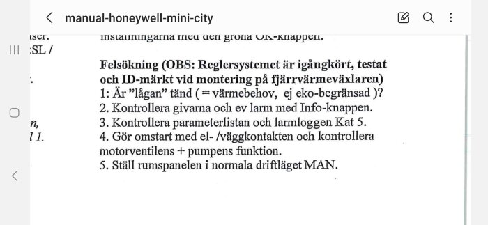 En instruktionsmanual på svenska för felsökning av värmesystem, med steg-för-steg anvisningar.