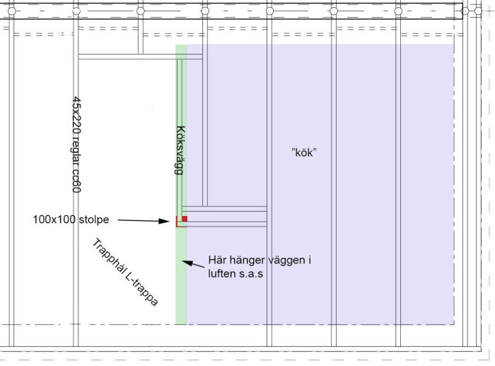 Arkitektonisk ritning, planvy för interiör, potentiellt köksutrymme, måttangivelser, konstruktionsdetaljer, ingen färgbild, teknisk dokumentation.