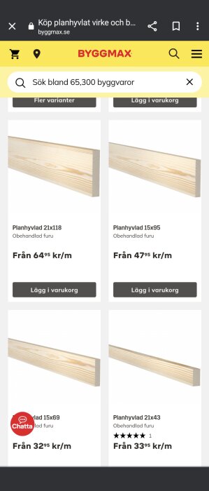 Onlinebutik för byggvaror som visar olika dimensioner av planhyvlat virke med priser per meter.