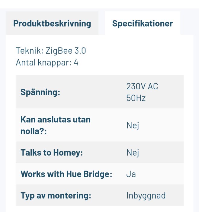 Produktbeskrivning för enhet med ZigBee 3.0-teknik, fyra knappar, kompatibel med Hue Bridge, ej Homey, 230V.