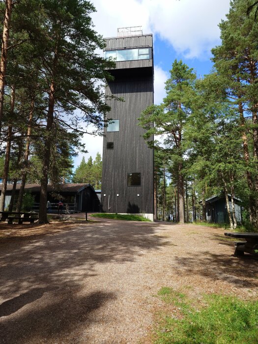 En hög smal träbyggnad omgiven av tallar under en delvis molnig himmel.