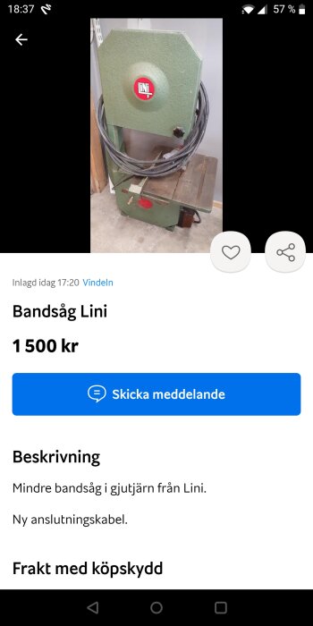 Bandsåg till salu, mindre modell i gjutjärn, Lini-märke, ny anslutningskabel, annonserad i Vindeln, 1500 kr.