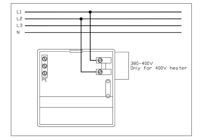 Elektrisk kopplingsschema för en 400V värmare, med anslutningar för L1, L2, L3, N, och PE.