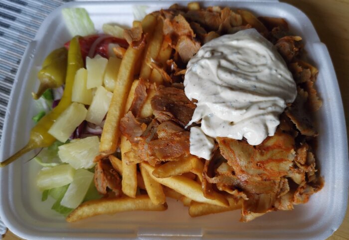 Takeaway-förpackning med gyros, pommes frites, sallad, inlagda grönsaker och vitlökssås. Maträtt för snabbmåltid eller gatumat.