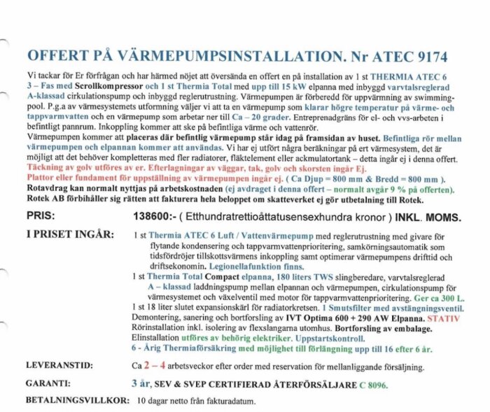 Offert för värmepumpinstallation med prisuppgifter, inkluderade tjänster och detaljer.