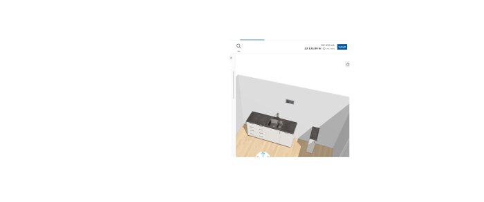 3D-modell av kök, modern design, skärmdump från planeringsverktyg, summa i hörnet, diskho, spis, köksluckor.