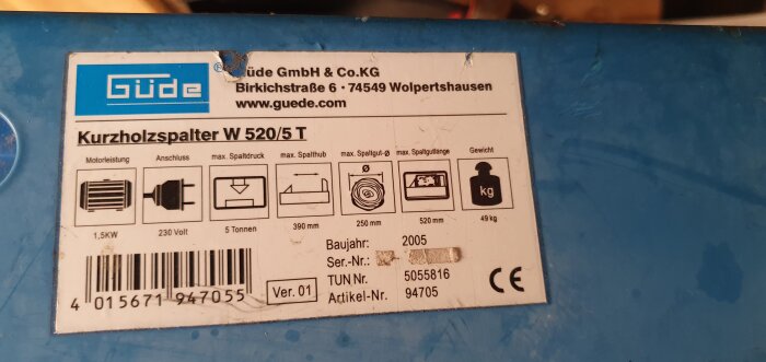 Etikett för Güde vedklyv W 520/5 T med tekniska specifikationer och företagsinformation.