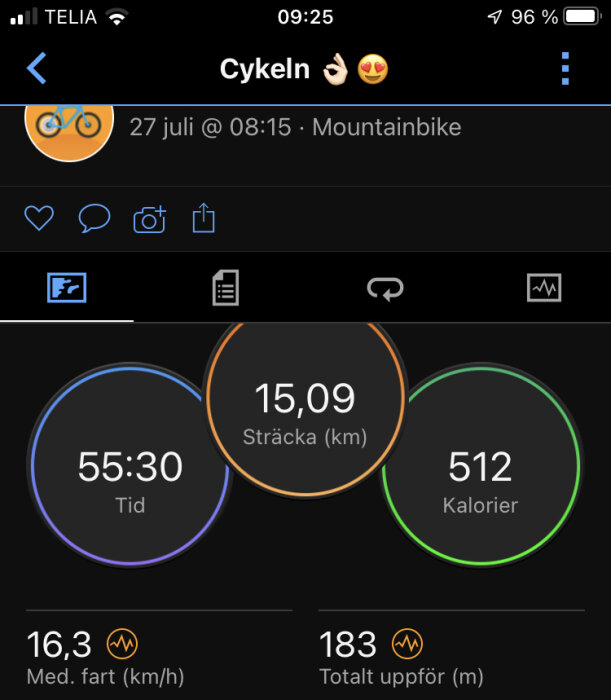 Skärmavbild av träningsapp; cykling; distans, tid, kaloriförbrukning och höjdförändring visas.
