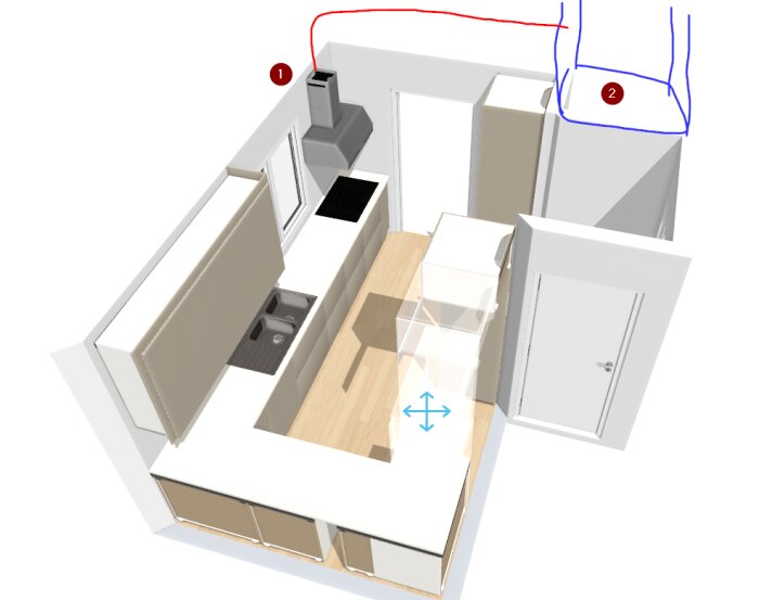 3D ritning av ett kök med markeringar, nummer 1 och 2, och blå pil.