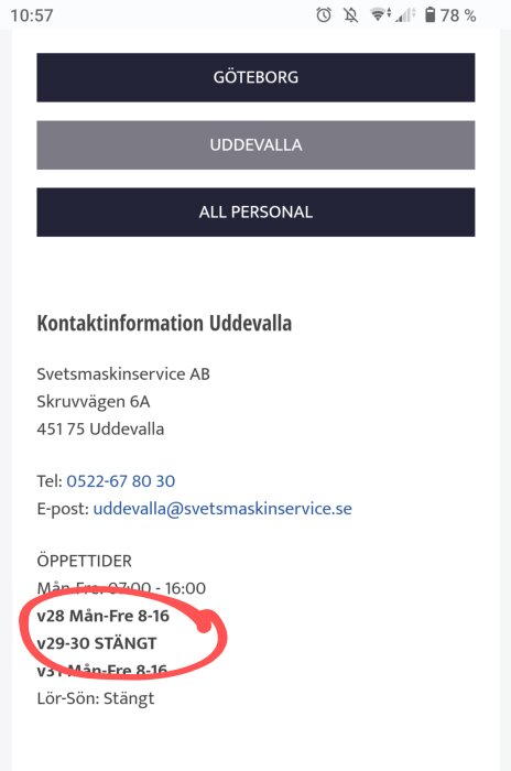 Skärmdump visar kontaktinformation och öppettider för verksamhet i Uddevalla, markerar stängt vecka 29-30.