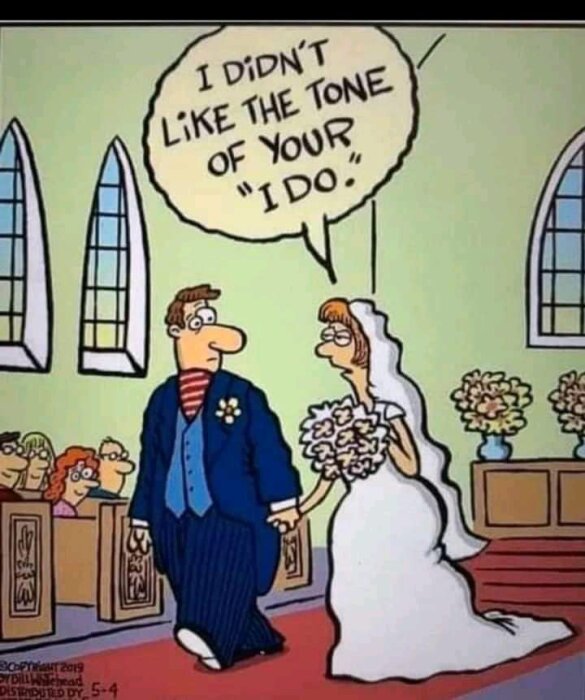 En tecknad bild av ett bröllopspar där bruden kritiserar brudgummens intonation när han sa "I do."