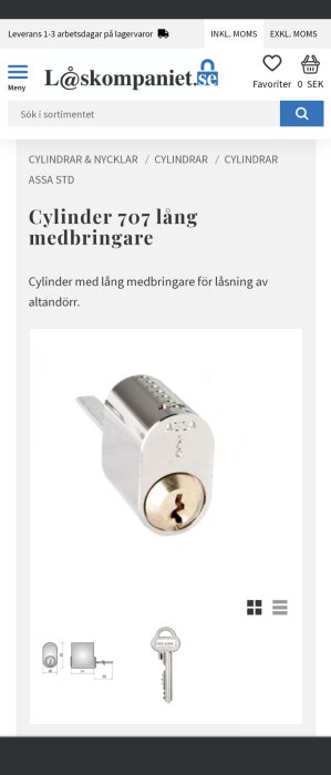 Låscylinder med mått och nyckel visad på webbsida för låsprodukter.