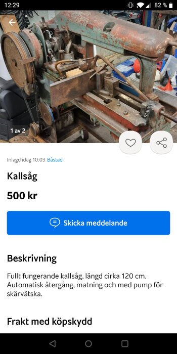 Gammal kallsåg till salu, använt skick, rost och slitage, grön och röd färg, 500 kr, automatisk matning.