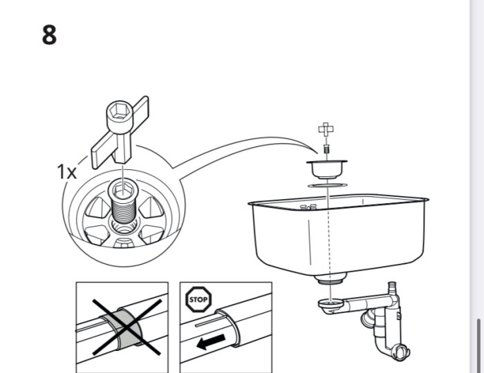 Instruktionsbild för montering av vattenkran, inkluderar verktyg, delar och förbud mot vridning.