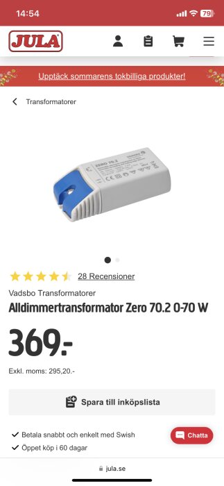 Skärmavbild av webbutik med transformator-annons. Vit och blå enhet, Vadsbo Transformatorer, 295,20 kr exkl. moms.