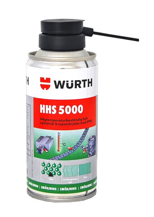 En sprayburk av Würth HHS 5000 smörjmedel, högtemperaturbeständigt, syntetiskt, med PTFE. Röd, vit och svart design.