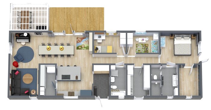 3D-ritning av en lägenhetsplan med vardagsrum, kök, sovrum, badrum och balkong.